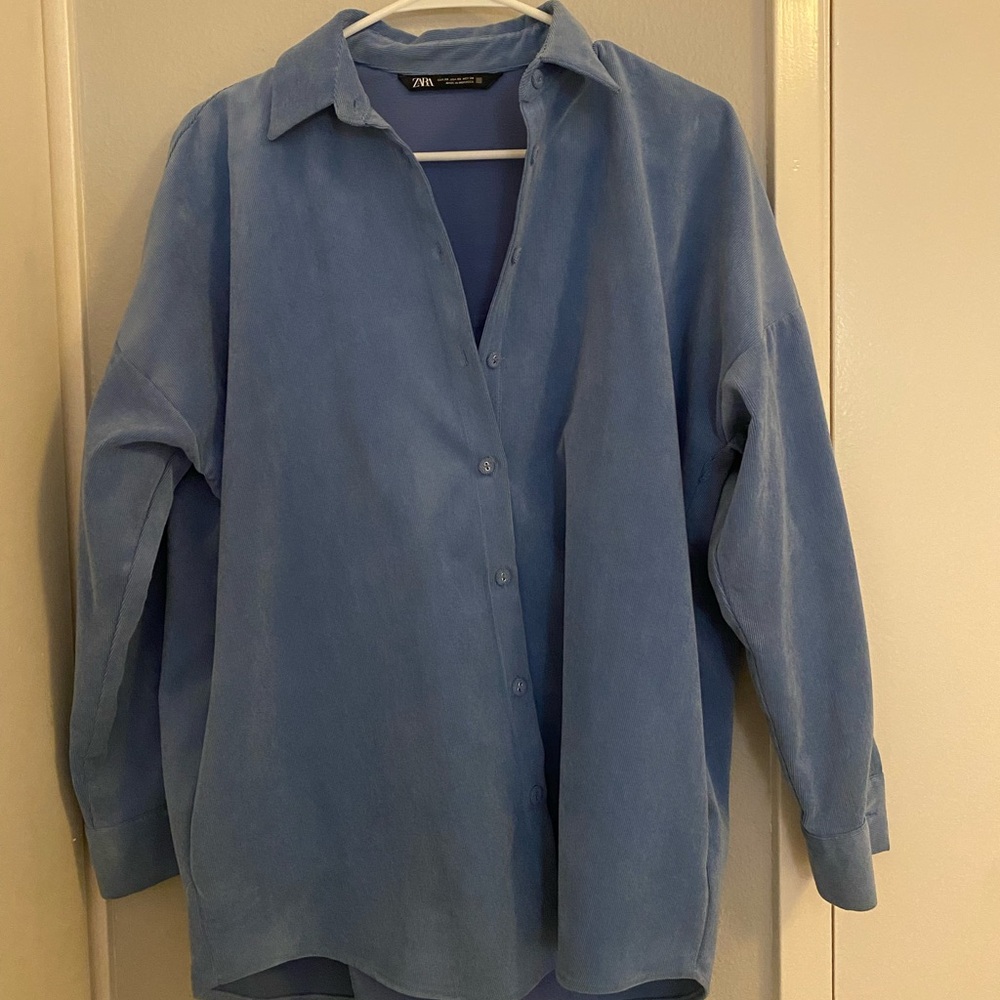 BLUE ZARA RIBBED BUTTON UP